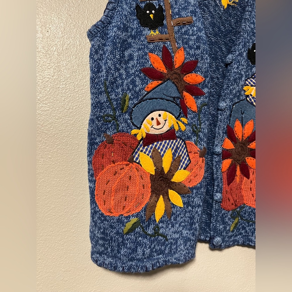 Vintage Bobbie Brooks  Pumpkin Patch Fall Scarecrow Sweater Vest Woman M - Picture 3 of 8